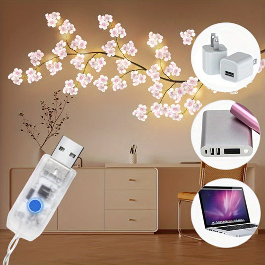 String Lights, Cherry Blossom Branch Chandelier with USB Power, Eight Modes and Four LED-and-Length Options