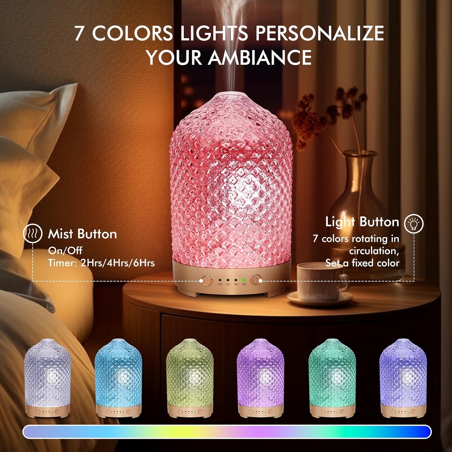 200ml Essential Oil Diffuser with Textured Glass-Style Cover, Seven-Color Light and 2H, 4H or 6H Timer