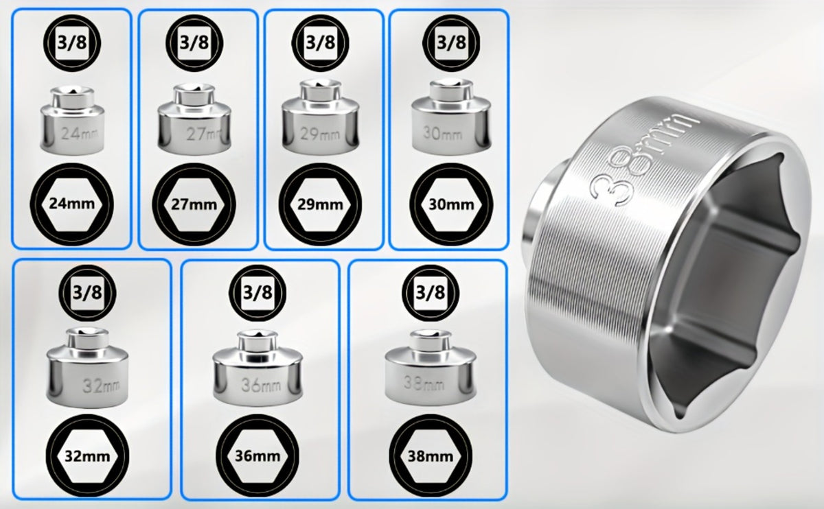7-Piece Oil Filter Wrench Socket Set – CR-V Steel Hexagonal Cap Wrenches 24mm to 38mm, 3/8-Inch Drive, Universal Fit for Car Oil Filter Removal & Replacement