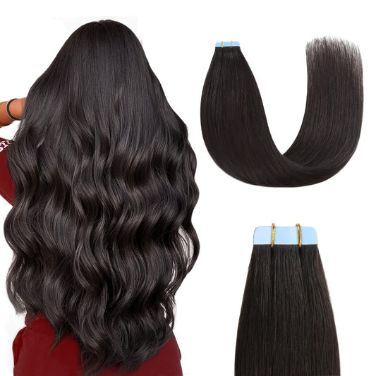 Tape In Hair Extensions Human Hair Straight Natural Black 1B Seamless Skin Weft 10pcs 30g 16 20 22 24 Inch Invisible Blend for Volume & Length Women