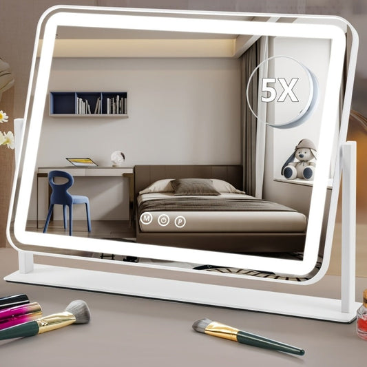 Makeup Mirror Rectangular LED Vanity Stand with 5X Detail Mirror, Three Light Colors, Touch Dimming and 360° Rotation