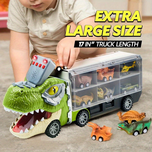 Dinosaur Truck Toy Set 13 PCS – Transport Carrier Truck with Lights & Sounds + 8 Pull-Back Cars + 3 Die-Cast Dino Vehicles + Helicopter | Friction Powered Dinosaur Toy for Boys Ages 3+ | Best Birthday Christmas Gift