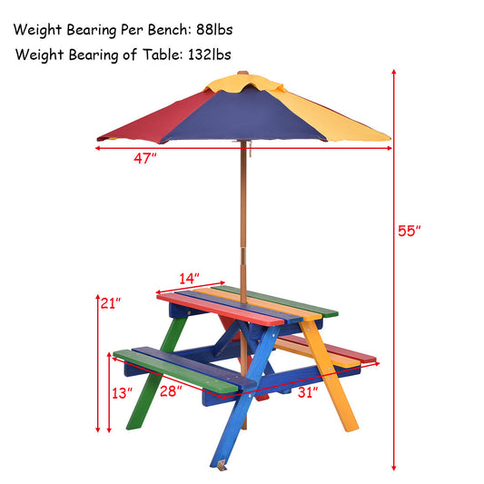 Kids Picnic Table Set with Umbrella Wood Table Bench Set for Toddlers Seats 4 Children Indoor Outdoor Backyard Rainbow Design Birthday Christmas Gift Boys Girls