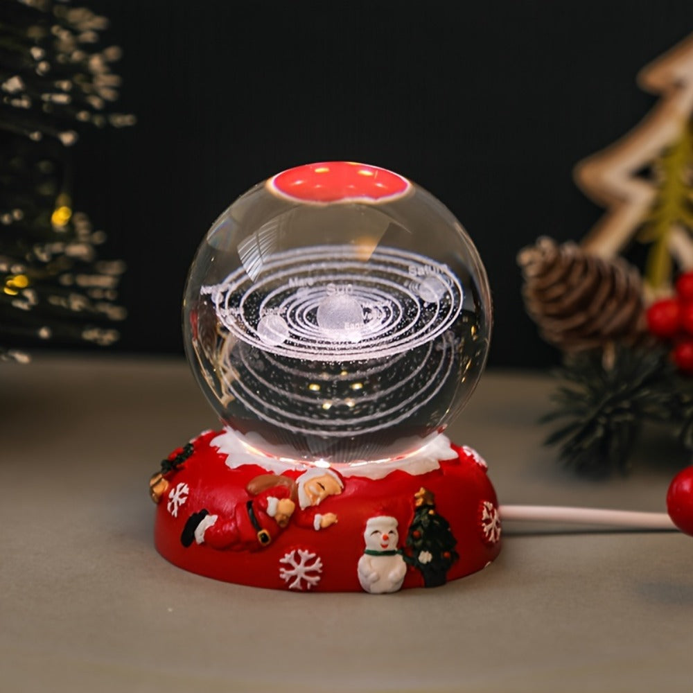 Night Light Blue Starry-Sky Crystal Orb Lamp with 3D Galaxy Pattern, Wood-Tone Base and Single Style