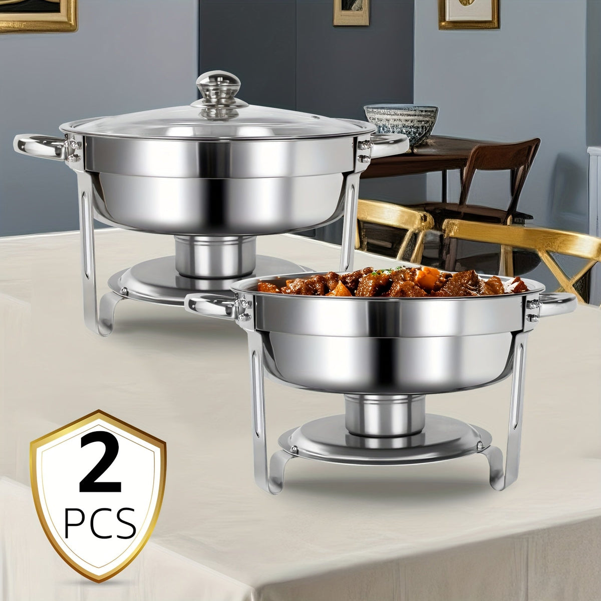 Golden Chafing Dish Buffet Set with Glass Lid 6QT Round Stainless Steel Food Warmer Chafer for Catering Party Dinners Weddings