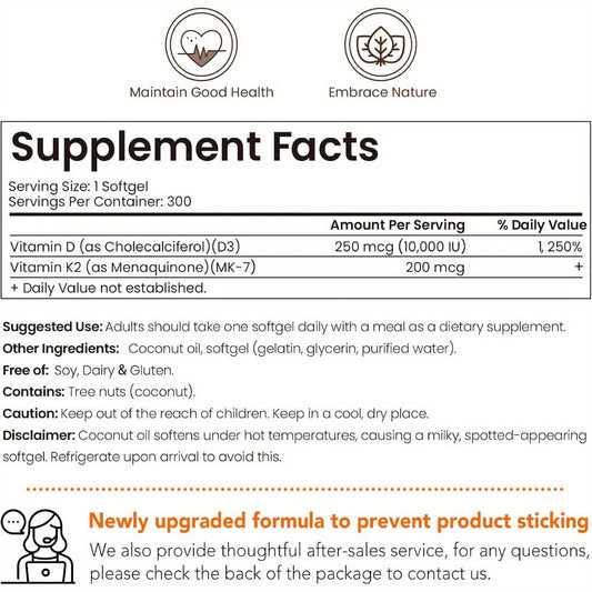 Vitamin D3 K2 MK-7 300 Softgels Value Size — 10000 IU D3 + 200mcg K2 with Extra Virgin Coconut Oil for Bone Density Immune & Heart Health | 10-Month Supply for Women and Men