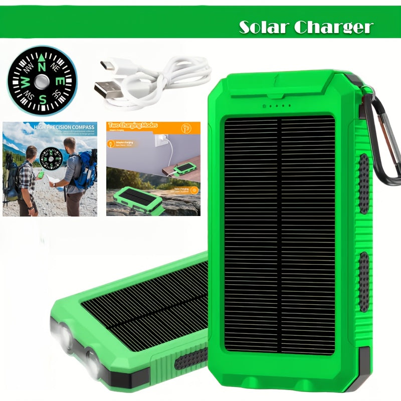 Solar Power Bank, 10000mAh USB Charger with Solar Panel, LED Flashlight, Compass, Data Cable and Backpack Hook