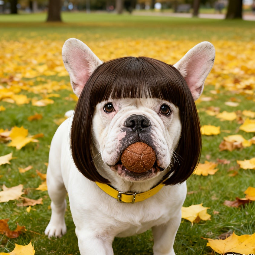 Dog Wig Costume for Small Medium Dogs, Funny Pet Hair Headpiece Adjustable Heat-Resistant Trimmable Black Brown Wig for Halloween Christmas Birthday Party Dress Up Photo Prop