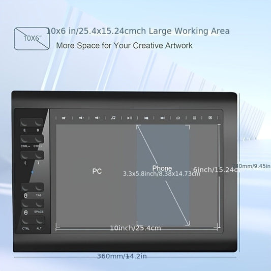 Graphics Drawing Tablet 10x6 Inch, 8192 Levels Pressure Sensitivity Battery-Free Stylus, 12 Programmable Shortcut Keys, 30 Replacement Tips, Tilt Support, Compatible with PC Mac Android – Digital Art, Illustration & Online Teaching
