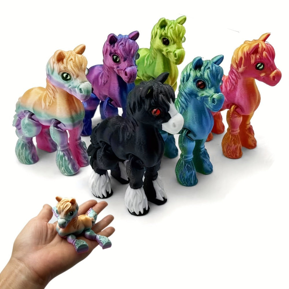 Six-Piece 3D-Printed Horse Figurine Set with Articulated Legs in Six Bright Color Designs for Desk Display