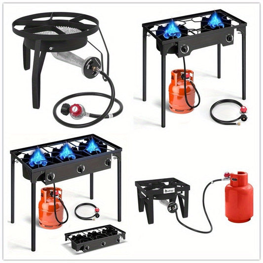 Outdoor Propane Burner Stove Cast Iron 1 or 3 Burner, 225000 BTU High-Pressure Cooker with Adjustable Heat