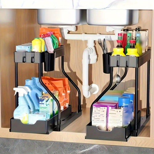 Under Sink Organizer 2-Tier Sliding Cabinet Basket with Hooks – Adjustable Bathroom Kitchen Shelf Storage Rack for Cabinets