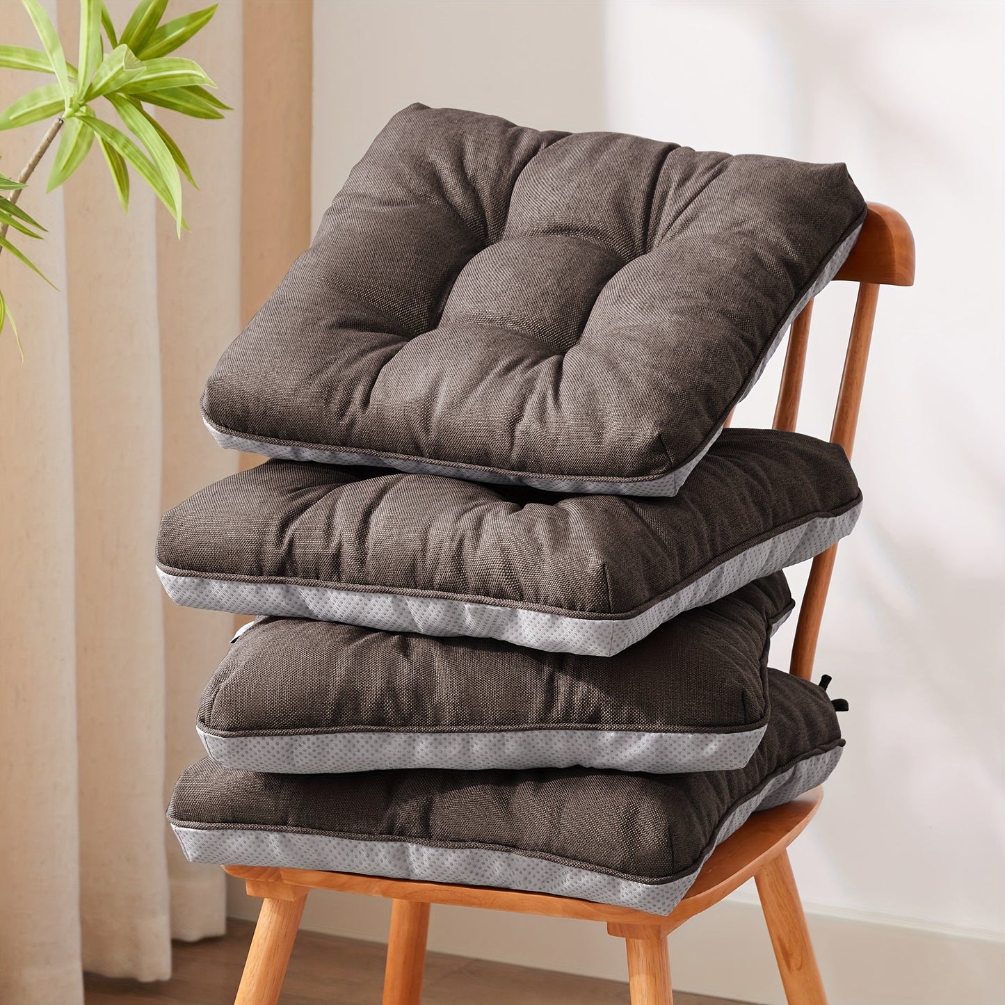 Tufted Chair Cushion Set with Four 15.5-Inch Pads, Tie Straps and 11 Solid Color Choices for Dining Chairs