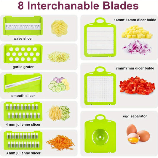 Vegetable Chopper 16-in-1 Manual Food Chopper Set – 8 Interchangeable Blades with Container, Grater & Strainer – Professional Onion Slicer & Dicer for Carrots, Garlic & Salad Kitchen Prep