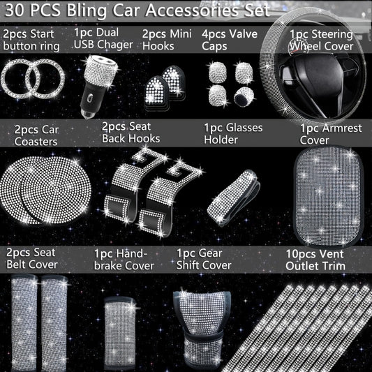 Bling Car Interior Accessories Set for Women 30-Piece – Steering Wheel Cover Universal 15 Inch, Seat Belt Covers, Armrest Cover & Gear Shift Cover, Woven Glitter Car Décor Kit