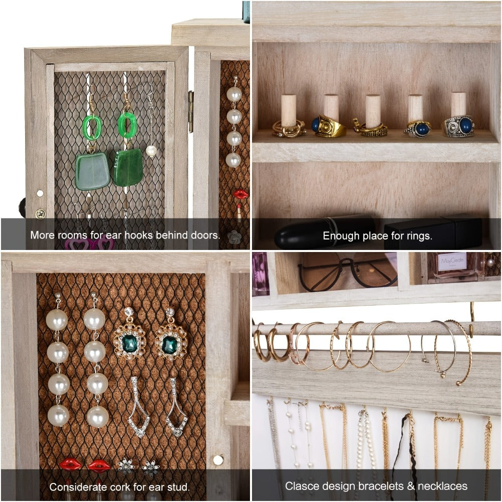 Wall-Mounted Wood Jewelry Organizer – Rustic Hanging Display Shelf with Removable Bracelet Rod & Hooks for Necklaces, Rings & Bracelets, Space-Saving Dressing Room Decor