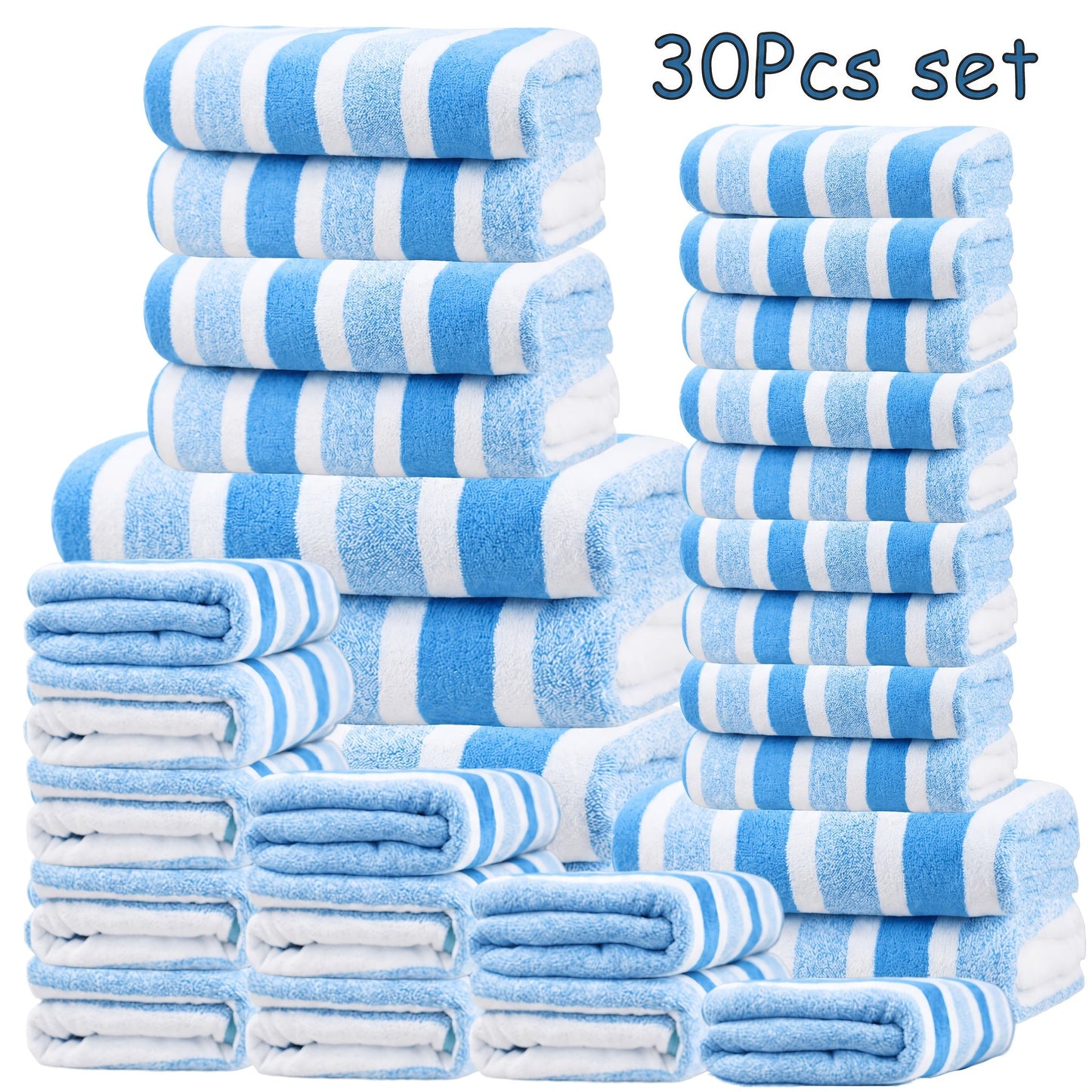 Thirty-Piece Striped Bath Towel Set with Bath, Hand and Washcloth Sizes in Ten Color Checkouts