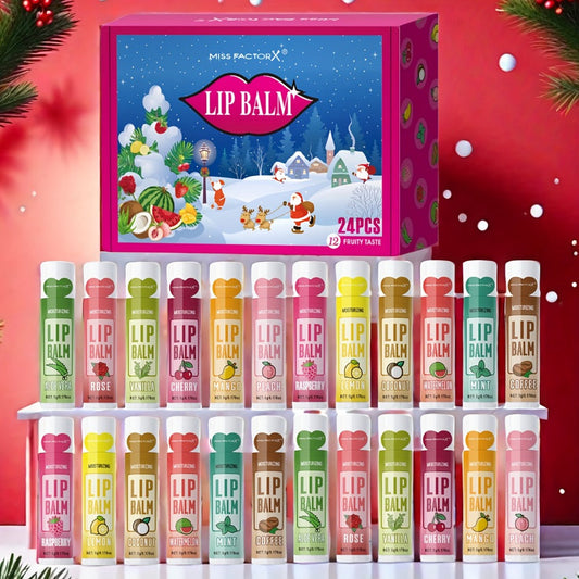Lip Balm 24-Piece Holiday Gift Box with 12 Assorted Flavor Labels and Colorful Twist-Up Tubes