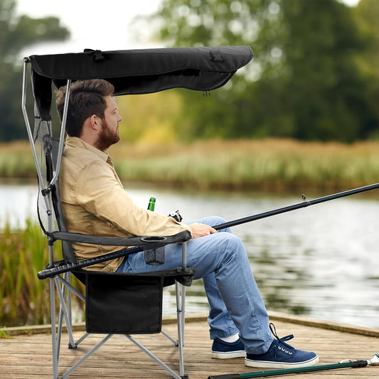 Folding Camping Chair with Sunshade Canopy, Heavy Duty Portable Outdoor Chair with Armrests Cup Holder & Carry Bag for Beach Fishing Picnic Sports