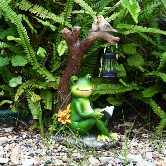 Solar Garden Lights Frog Reading Statue with Lantern, One-Piece Resin Lawn and Patio Ornament