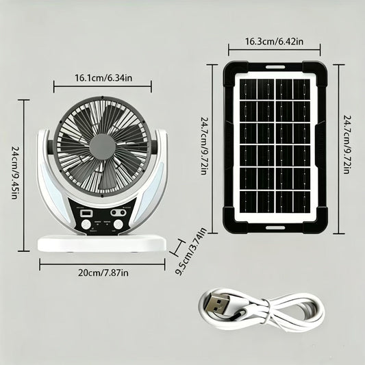 Solar Fan Portable Camping Fan with Solar Panel and USB Charging Adjustable Speed and Angle Phone Charging Function Emergency Power Outage Outdoor Travel Fan