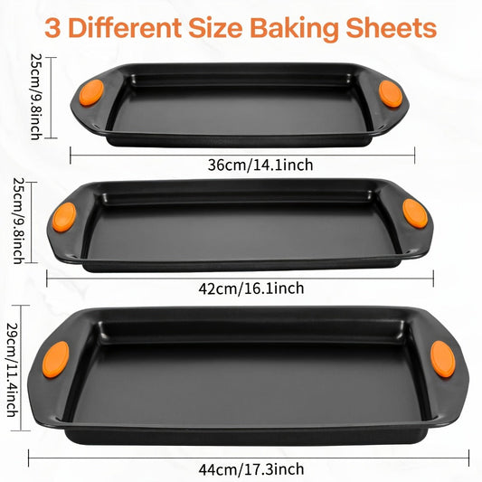 Nonstick Baking Sheet Set with Silicone Handles, Carbon Steel Cookie Sheet Pan Set in Assorted Sizes, Stackable Bakeware for Baking Roasting, Heavy Duty Oven Pans with Orange Handles, 2-Piece or 6-Piece
