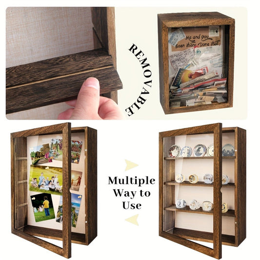 Shadow Box Frame 11x14 with 4 Removable Shelves - Large Deep Display Case for Medals Coins Pins Photos Flowers Keepsakes, Wall Hanging Memory Box for Collections, Black White Brown