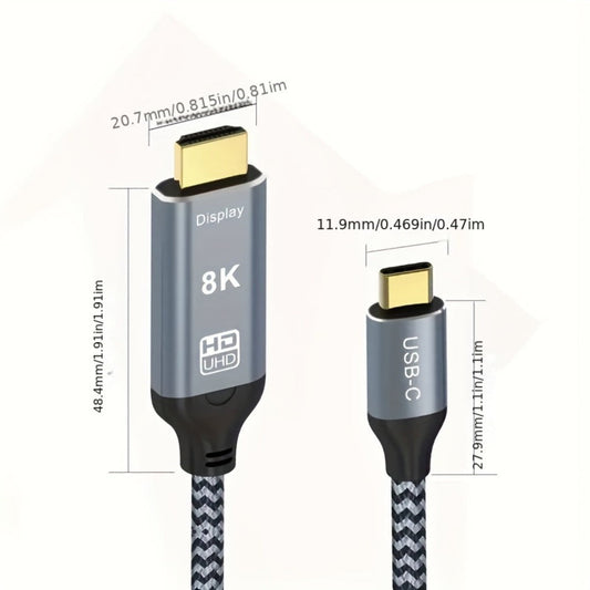 USB-C to HDMI 2.1 Cable 8K@60Hz 4K@144Hz, Aluminum Braided Thunderbolt 4/3 Compatible, 48Gbps HDCP 2.3 HDR, Type-C to HDMI Cord for MacBook Laptop Tablet Samsung Galaxy S24 to TV Monitor