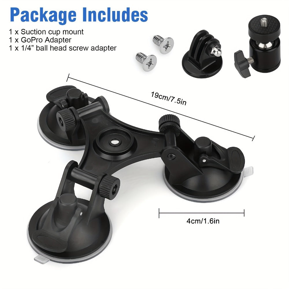 Three-Base Suction Cup Camera Mount with 360-Degree Ball Head and Quick-Release Holder for Camera Setups