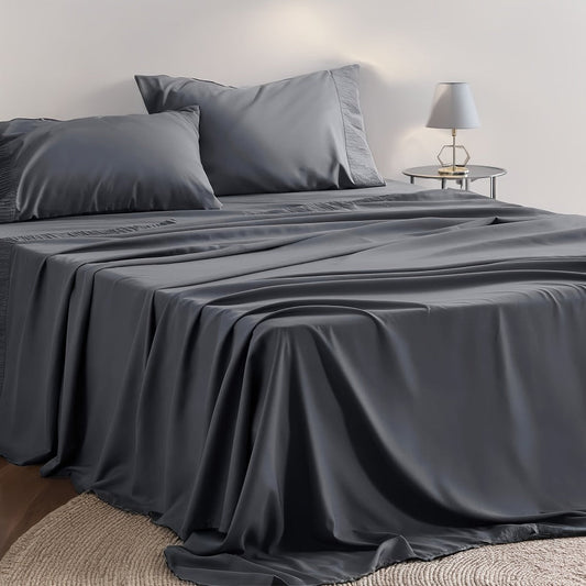 Bed Sheet Set 4-Piece Soft Breathable Cooling Sheets - Flat Sheet, Fitted Sheet & 2 Pillowcases, Wrinkle-Free Hotel Luxury Bedding, All Season Comfort