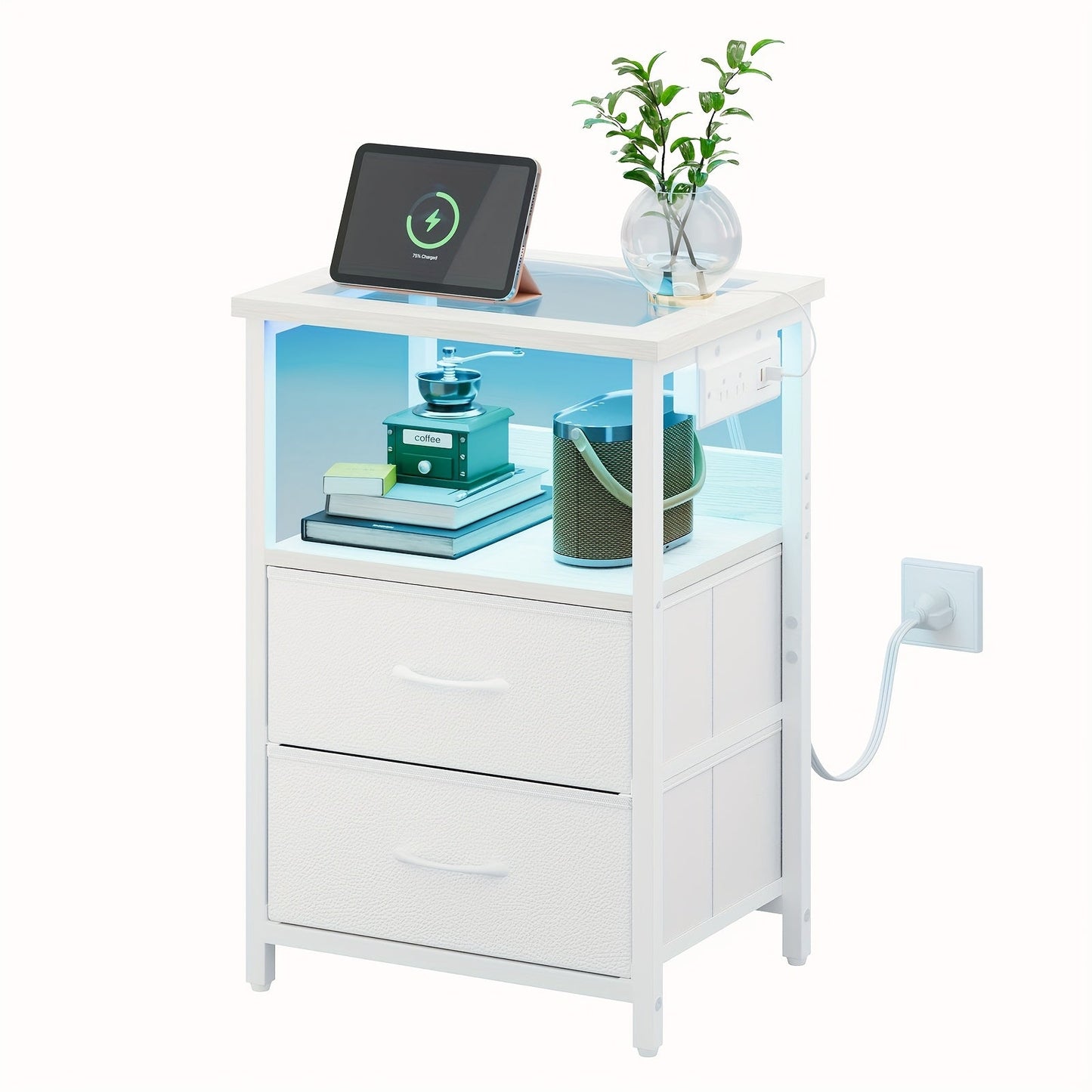 Nightstand Two Fabric Drawers with Charging Station, LED Accent Light and PU or Clear Desktop Options
