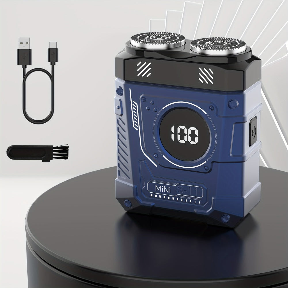 Compact Mecha-Green Dual-Rotary Electric Shaver with Front Battery Display and USB Cable Pictured