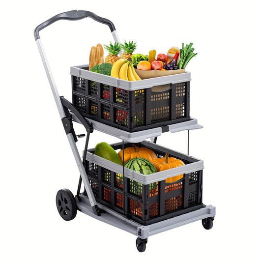 Two Tier Cart with 2 Storage Crates 360° Swivel Wheels, Heavy Duty Collapsible Shopping Trolley Folding Utility Cart for Groceries Picnic Office Multi-Use