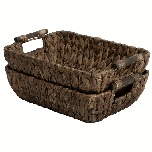 Woven Basket with Wooden Handles 2-Pack - Water Hyacinth & Seagrass Wicker Storage Baskets for Bathroom, Shelf, Kitchen & Bedroom Organizer, Boho Decor