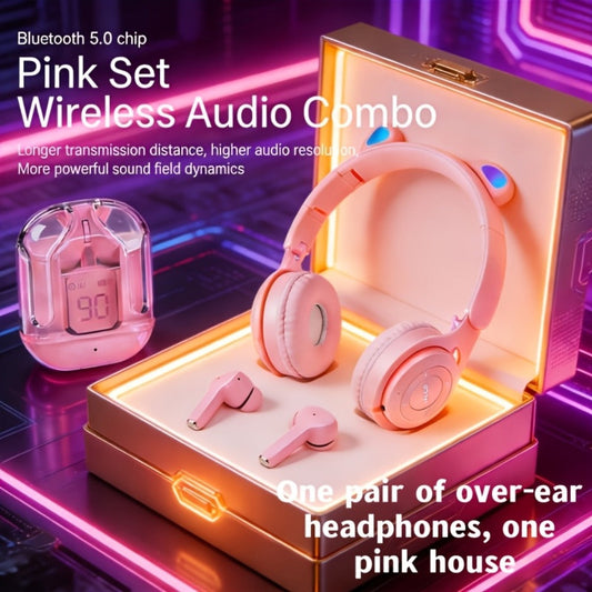 Cute Pink Cat Ear Headphones & Wireless Earbuds Gift Set Bundle LED Glowing Over-Ear Headset Combo for Girls Teens Women Birthday Holiday Back to School
