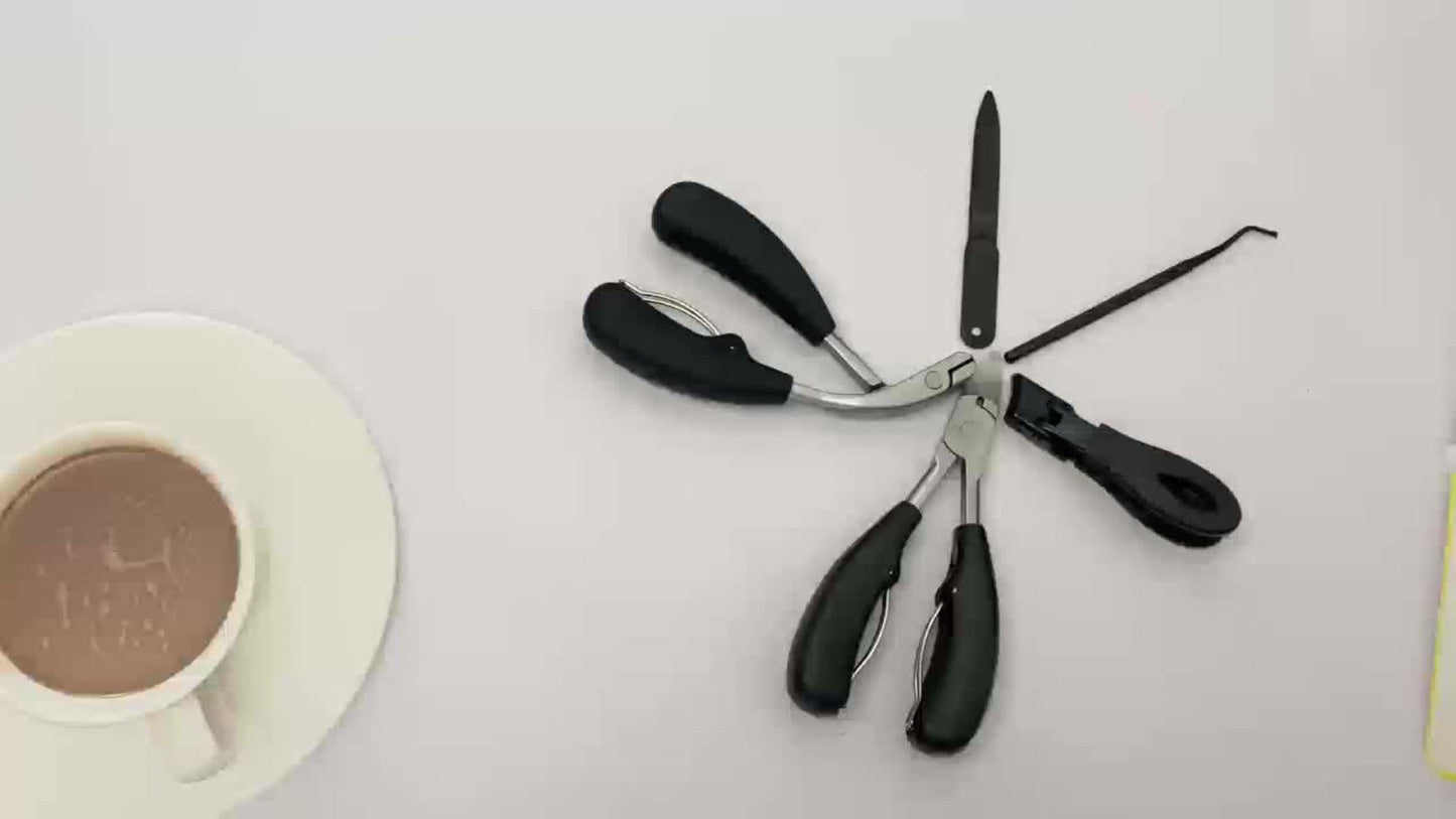 Angled-Jaw Nail Clipper Set, Five-Piece Black-Handle Kit with 25-Degree Tool, Lifter and File