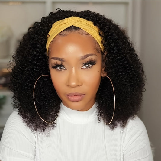 Headband Wig Curly Wavy for Women Black Synthetic Glueless No Lace — Elastic Cap Heat Resistant Beginner Friendly for Daily Wear Party Cosplay 12 16 22 Inch