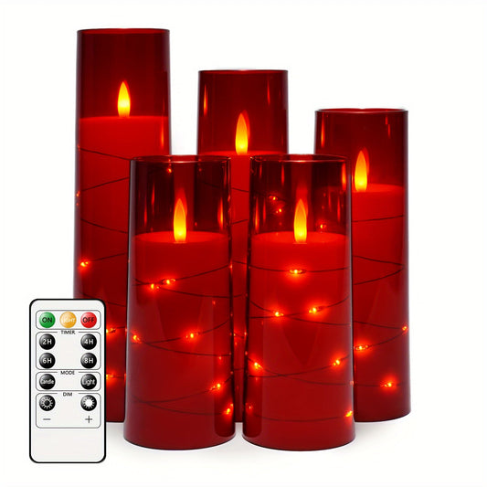 Flameless LED Candles with Remote Control Timer and Star String Lights Set of 5 or 7 Pillar Candles for Wedding Garden Home Decor Anniversary Gift Grey Ivory Gold Red