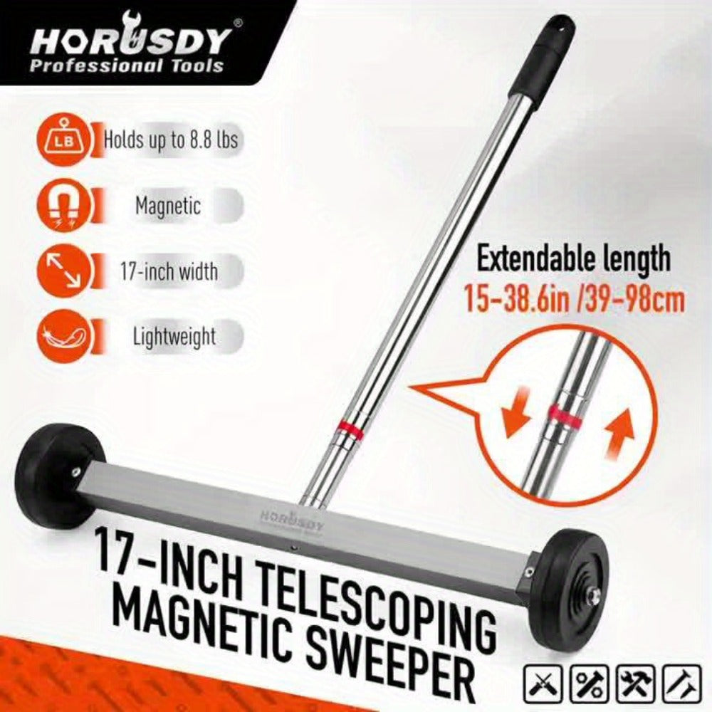 17-Inch Rolling Magnetic Sweeper with Telescoping 15-to-38-Inch Handle, Wheels and Quick-Release Knob
