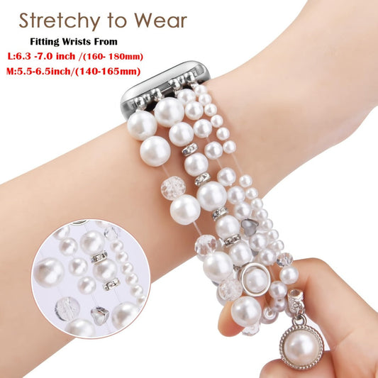 Pearl Watch Band for Apple Watch Series 11 10 9 8 7 6 5 4 3 2 1 SE Bling Jewelry Bracelet Strap Stainless Steel Buckle Elegant Women 38mm 40mm 41mm 42mm 44mm 45mm 46mm 49mm Pearl White Sakura Pink Akoya Champagne Gold