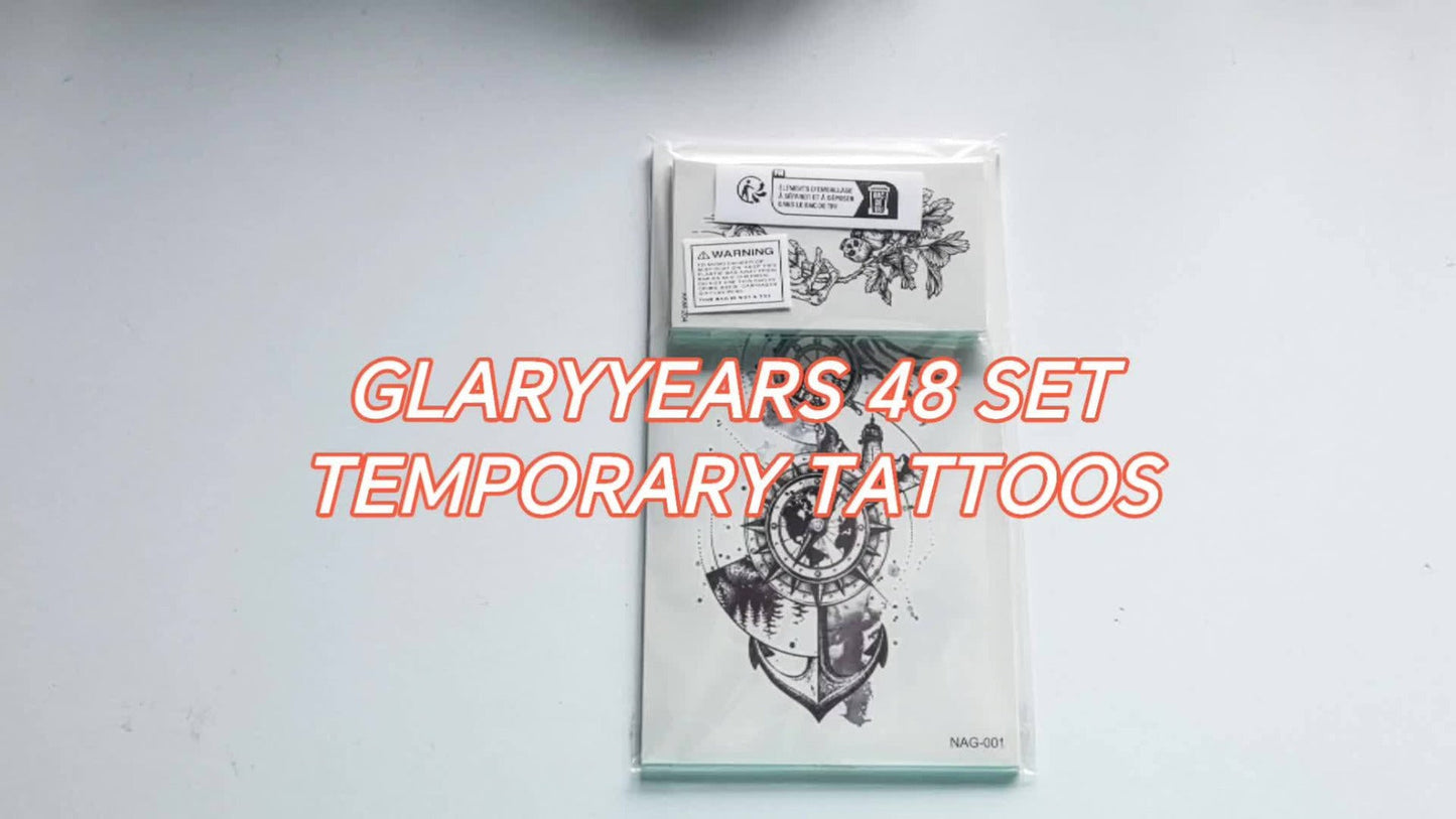 Temporary Tattoos GLARYYEARS 48-Piece Black Skull, Snake and Dark Art Set with 12 Large and 36 Small Sheets
