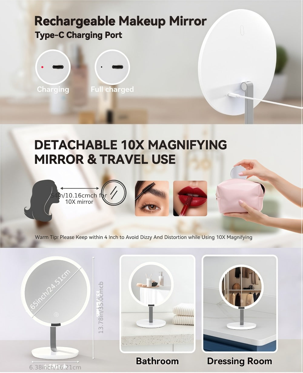 LED Makeup Mirror with Lights & 10X Magnification - Touch Dimming Desktop Vanity Mirror, Adjustable Brightness, Portable Handheld Design for Bathroom, Bedroom & Office, Ideal Gift for Women