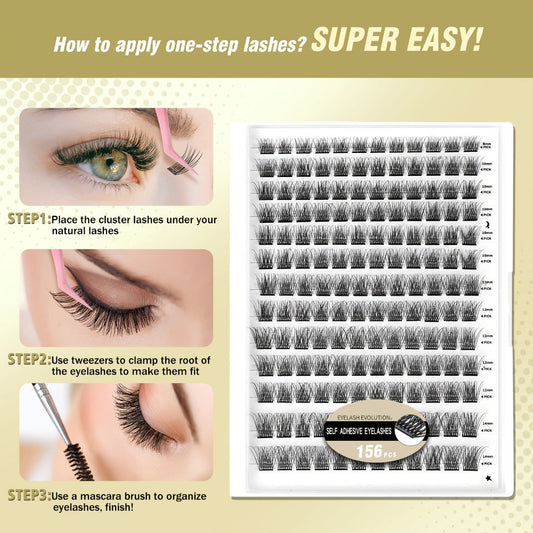 156Pcs No-Glue Lash Clusters Kit — Self-Adhesive Pre-Glued DIY Eyelashes with 2 Tweezers, Reusable Natural Look Cluster Lashes, No Remover No Residue False Eyelash Extension Kit for Women Beginners