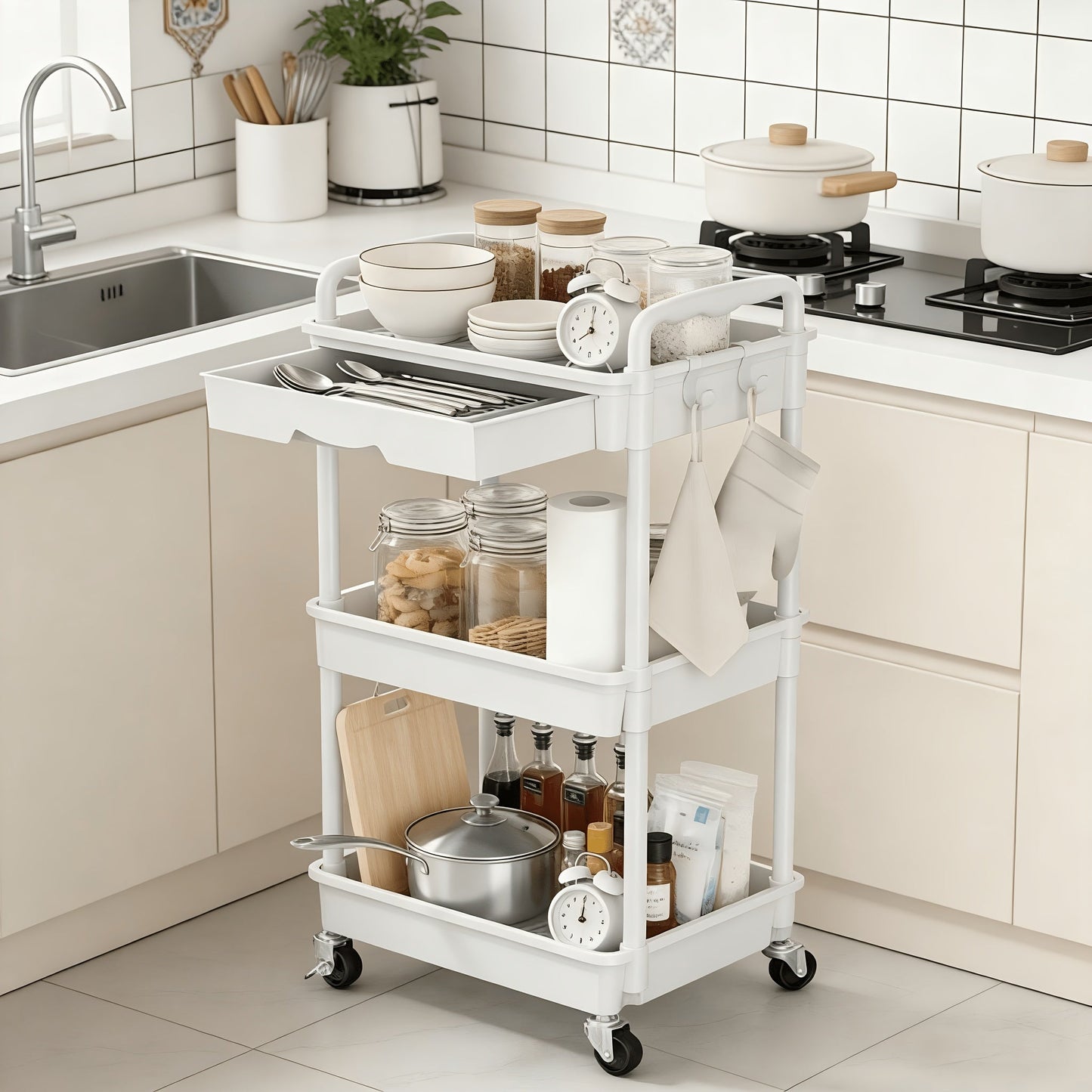 Rolling Utility Cart shown in the White, 3 Tiers option