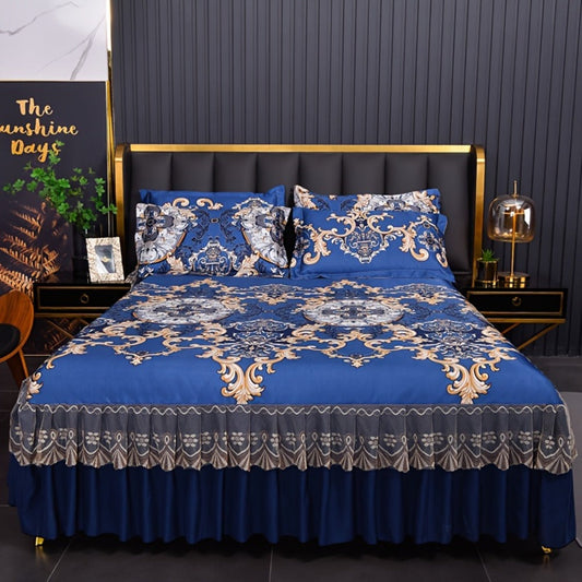 Floral Ruffle Bed Skirt Cool Mat 3 Piece Set with Pillowcase, Double Layer 360° Full Wrap Washable Cooling Mattress Cover, Breathable Summer Bedding Set for Twin Full Queen King, Parisian Romantic Floral