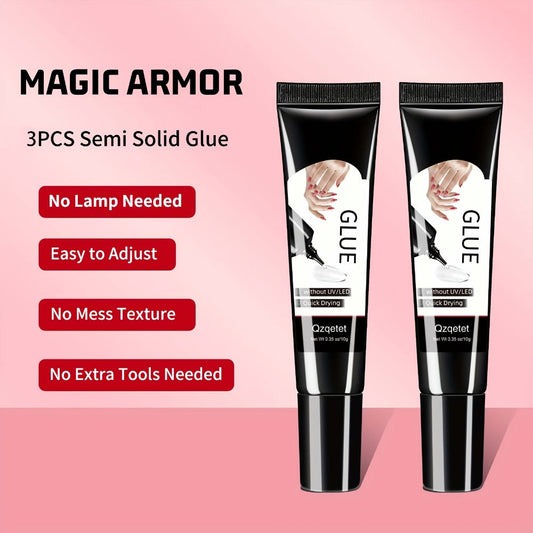 Semi-Solid Nail Glue Gel 3 Pack No UV Lamp Needed 10g Each - Extra Strong Anti-Drip Press On Nail Adhesive Quick Dry Long Lasting Waterproof Bond for False Nails Acrylic Tips Nail Extensions Women