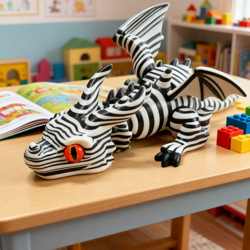 Articulated Black-and-White Swirl Dragon Figurine with Poseable Segments and Random Eye Color for Desktop Display