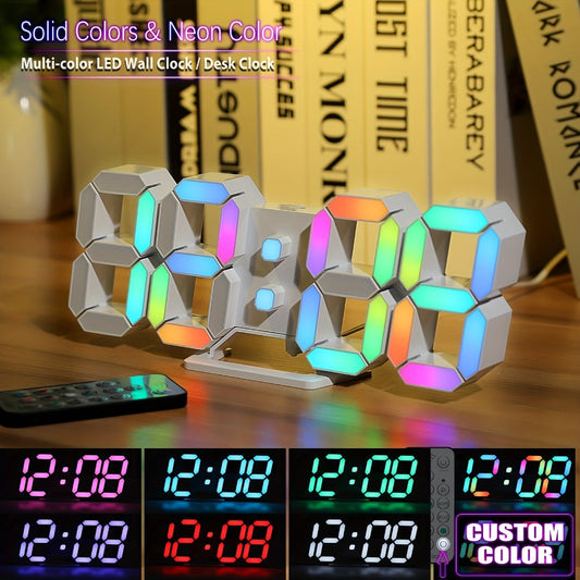 Digital Wall Clock RGB Neon LED 9.7" Large Display – Aesthetic Alarm Clock with Remote Control, Adjustable Brightness, Date & Temperature Display for Bedroom, Living Room, Office & Gym