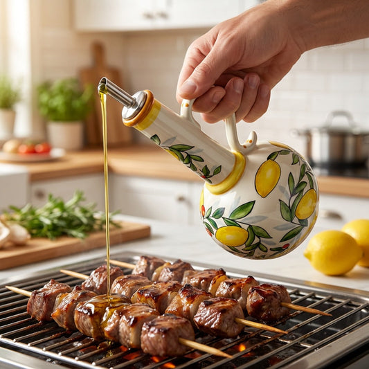 Ceramic Oil and Vinegar Dispenser Set Hand-Painted Underglaze Anti-Drip Leak-Proof Kitchen Oil Bottle with Oil Spout and Foot Pad Olive Green Lemon Yellow