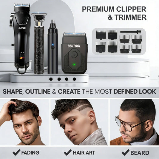 Hair Clipper & Trimmer Set 4-Piece for Men — Professional Barber Kit with Nose Trimmer, Detail Trimmer, Guide Comb, LED Display & USB Rechargeable, Home & Travel Grooming Gift